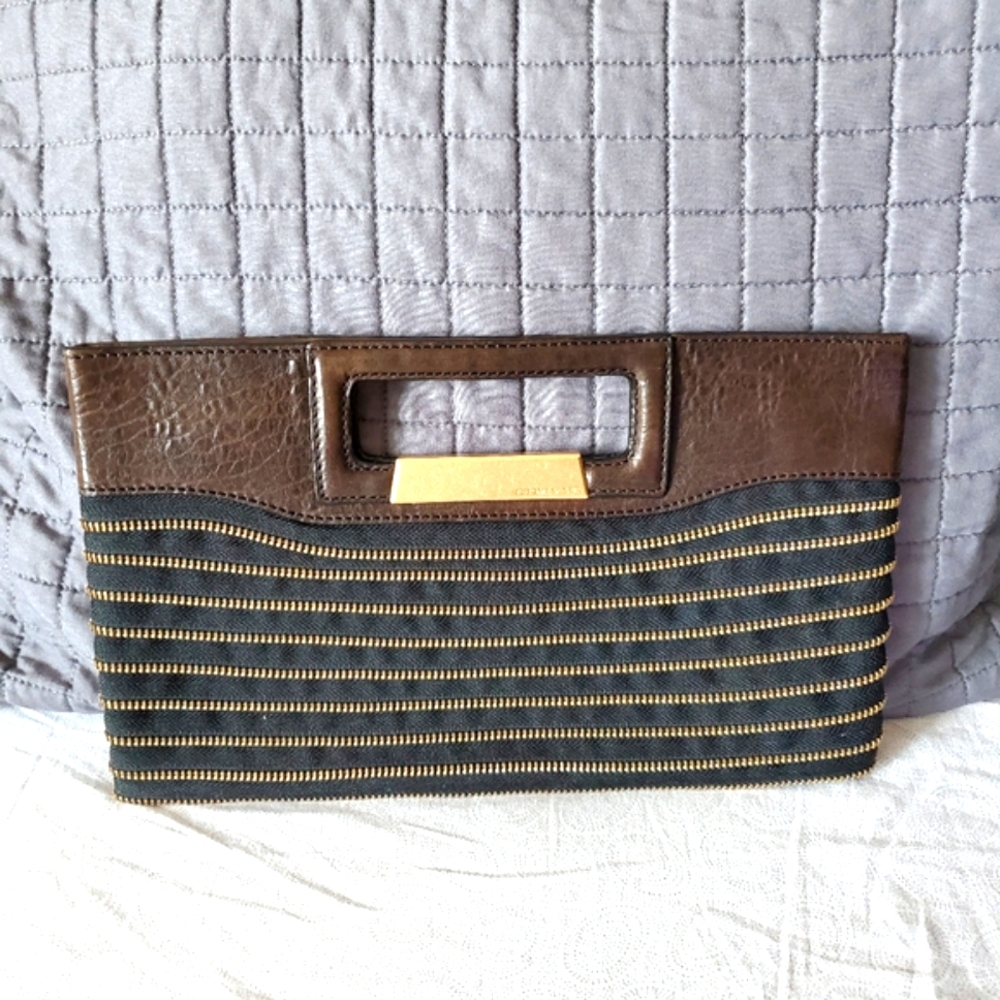Bcbgmaxazria brown leather and zipper clutch
